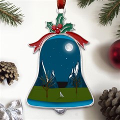 Vector Graphic Mountains Snow Wolf Metal Holly Leaf Bell Ornament by Sarkoni