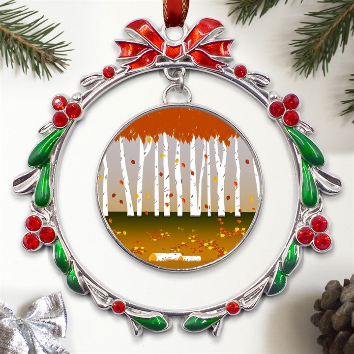 Birch Trees Fall Autumn Leaves Metal X mas Wreath Ribbon Ornament