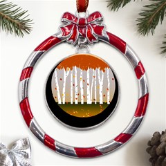 Birch Trees Fall Autumn Leaves Metal Red Ribbon Round Ornament by Sarkoni