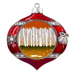 Birch Trees Fall Autumn Leaves Metal Snowflake And Bell Red Ornament