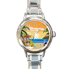 Vector Graphic Clipart Beach House Round Italian Charm Watch by Sarkoni