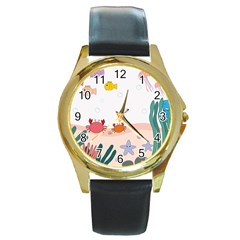 Cartoon Marine Life Marine Drawing Round Gold Metal Watch by Sarkoni