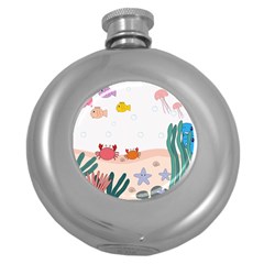 Cartoon Marine Life Marine Drawing Round Hip Flask (5 Oz) by Sarkoni