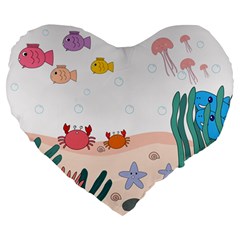 Cartoon Marine Life Marine Drawing Large 19  Premium Flano Heart Shape Cushions by Sarkoni