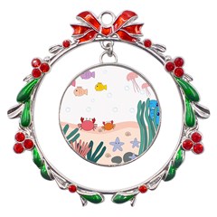 Cartoon Marine Life Marine Drawing Metal X mas Wreath Ribbon Ornament