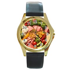 Fruit Snack Diet Bio Food Healthy Round Gold Metal Watch by Sarkoni