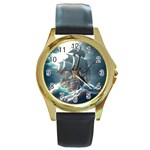 Pirate Ship Boat Sea Ocean Storm Round Gold Metal Watch Front