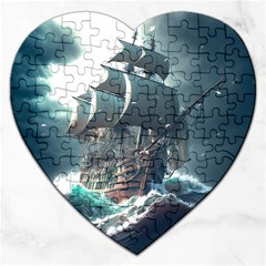 Pirate Ship Boat Sea Ocean Storm Jigsaw Puzzle (heart) by Sarkoni