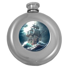 Pirate Ship Boat Sea Ocean Storm Round Hip Flask (5 Oz) by Sarkoni