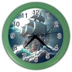 Pirate Ship Boat Sea Ocean Storm Color Wall Clock by Sarkoni