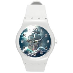 Pirate Ship Boat Sea Ocean Storm Round Plastic Sport Watch (m) by Sarkoni