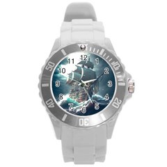 Pirate Ship Boat Sea Ocean Storm Round Plastic Sport Watch (l) by Sarkoni