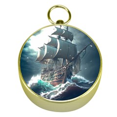 Pirate Ship Boat Sea Ocean Storm Gold Compasses by Sarkoni