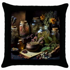 Apothecary Old Herbs Natural Throw Pillow Case (black) by Sarkoni