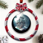 Pirate Ship Boat Sea Ocean Storm Metal Red Ribbon Round Ornament Front