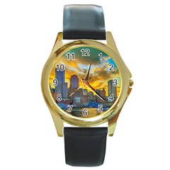 Boston Skyline Cityscape River Round Gold Metal Watch by Sarkoni