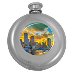 Boston Skyline Cityscape River Round Hip Flask (5 Oz) by Sarkoni