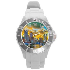 Boston Skyline Cityscape River Round Plastic Sport Watch (l) by Sarkoni