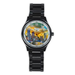 Boston Skyline Cityscape River Stainless Steel Round Watch by Sarkoni