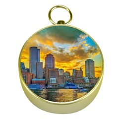 Boston Skyline Cityscape River Gold Compasses by Sarkoni