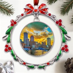 Boston Skyline Cityscape River Metal X mas Wreath Ribbon Ornament by Sarkoni