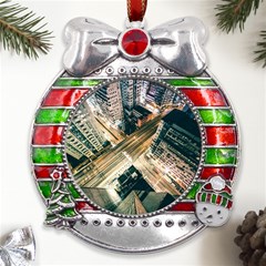 Architecture Buildings City Metal X mas Ribbon With Red Crystal Round Ornament by Amaryn4rt