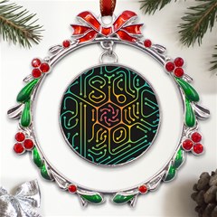 Circuit Hexagonal Geometric Pattern Background Pattern Metal X mas Wreath Ribbon Ornament