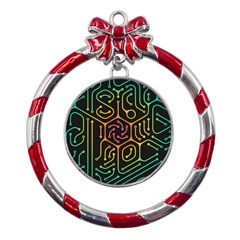 Circuit Hexagonal Geometric Pattern Background Pattern Metal Red Ribbon Round Ornament