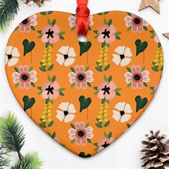 Flower Orange Pattern Floral Heart Ornament (two Sides) by Dutashop