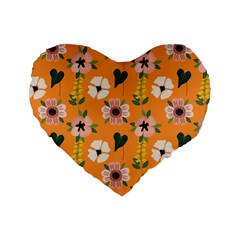 Flower Orange Pattern Floral Standard 16  Premium Heart Shape Cushions by Dutashop