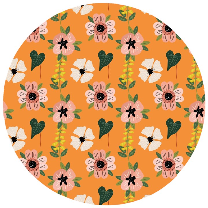 Flower Orange Pattern Floral Wooden Puzzle Round