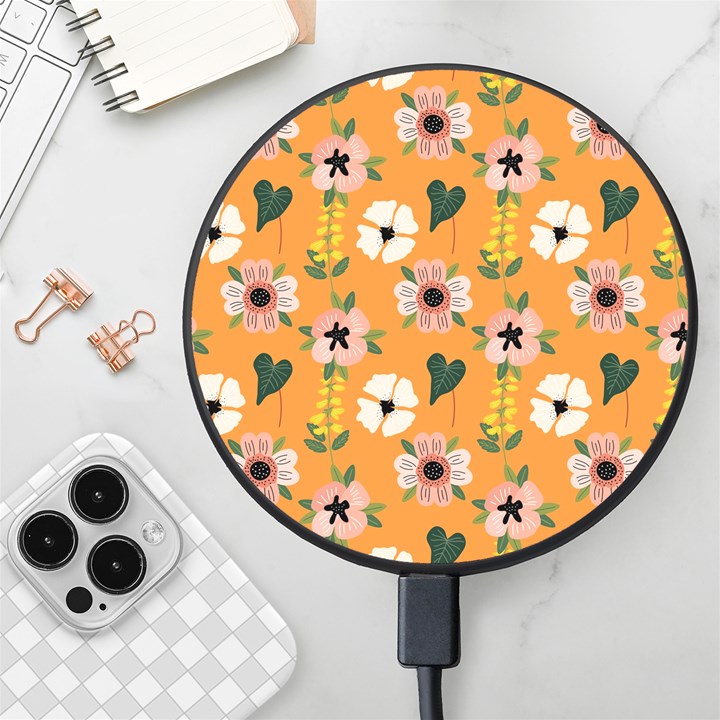 Flower Orange Pattern Floral Wireless Fast Charger(Black)