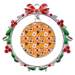 Flower Orange Pattern Floral Metal X mas Wreath Ribbon Ornament by Dutashop