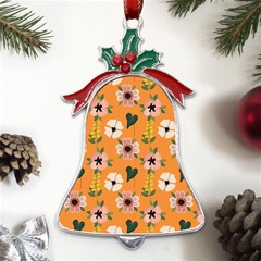 Flower Orange Pattern Floral Metal Holly Leaf Bell Ornament by Dutashop