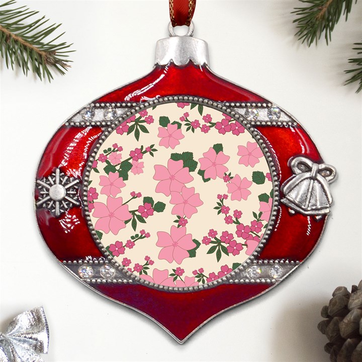 Floral Vintage Flowers Metal Snowflake And Bell Red Ornament