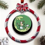 Ostrich Jungle Monkey Plants Metal Red Ribbon Round Ornament Front