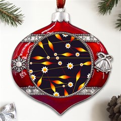 Flower Buds Floral Background Metal Snowflake And Bell Red Ornament