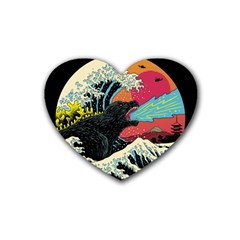 Retro Wave Kaiju Godzilla Japanese Pop Art Style Rubber Heart Coaster (4 Pack) by Modalart