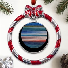 Background Horizontal Lines Metal Red Ribbon Round Ornament by Amaryn4rt