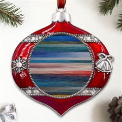 Background Horizontal Lines Metal Snowflake And Bell Red Ornament by Amaryn4rt