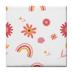 Seamless Pattern Flowers Rainbow Tile Coaster by Ravend