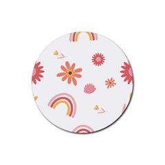 Seamless Pattern Flowers Rainbow Rubber Round Coaster (4 Pack) by Ravend