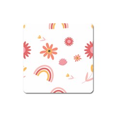 Seamless Pattern Flowers Rainbow Square Magnet by Ravend