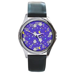 Cat Texture Pattern Seamless Rainbow Round Metal Watch by Ravend