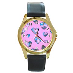 Hearts Pattern Love Background Round Gold Metal Watch by Ravend