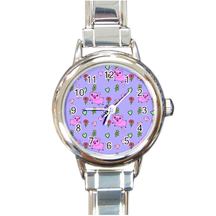 Flower Pink Pig Piggy Seamless Round Italian Charm Watch