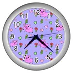 Flower Pink Pig Piggy Seamless Wall Clock (Silver) Front