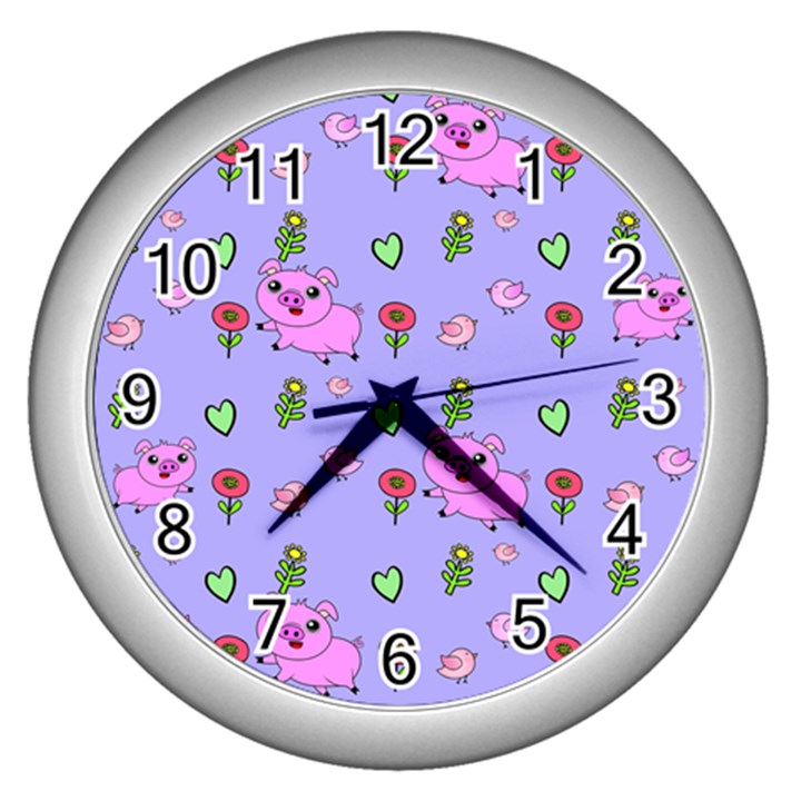 Flower Pink Pig Piggy Seamless Wall Clock (Silver)