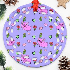 Flower Pink Pig Piggy Seamless Round Filigree Ornament (two Sides) by Ravend