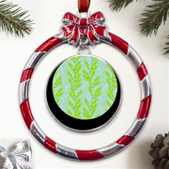 Background Leaves Branch Seamless Metal Red Ribbon Round Ornament by Ravend